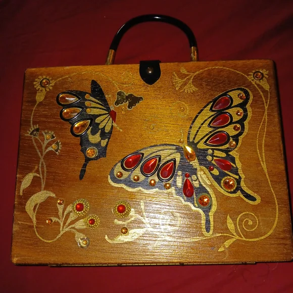 Vintage 1960s Butterfly Embellished Wooden  Cigar Box Purse/ Enid Collins Style - Picture 3 of 16